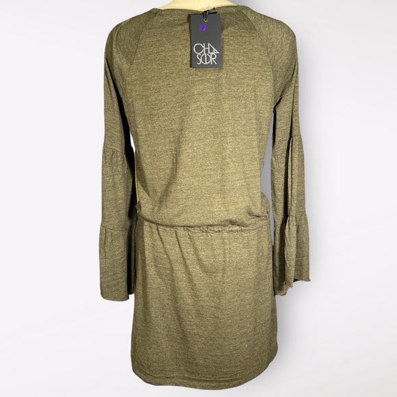 Chaser Khaki Green Mini Drawstring Dress with Ruffle sleeve detail size M - Picture 6 of 7